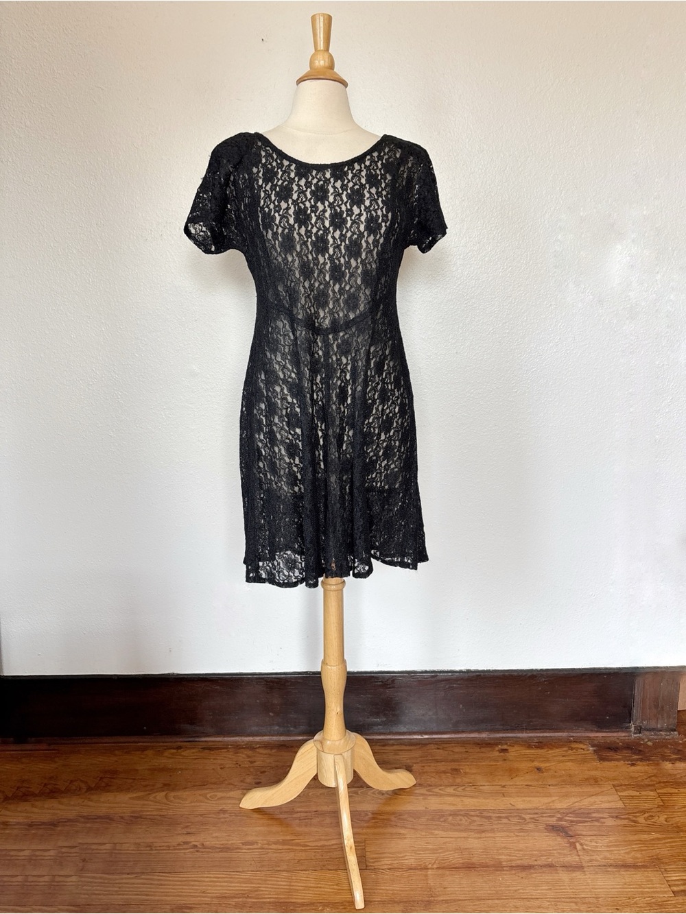 All That Jazz Vintage Witchy Goth Black Lace Short Sleeve Sheer Skater Dress